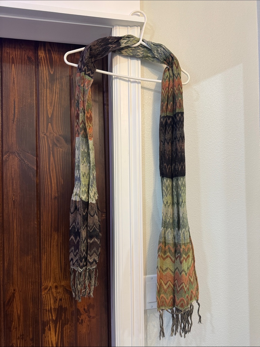 Woven Chevron Fringe Scarf in Green and Brown - Unbranded